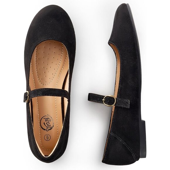 Trary Women Black Suede Leather Round Toe Ankle Strap Ballet Flats Shoes - Picture 4 of 6